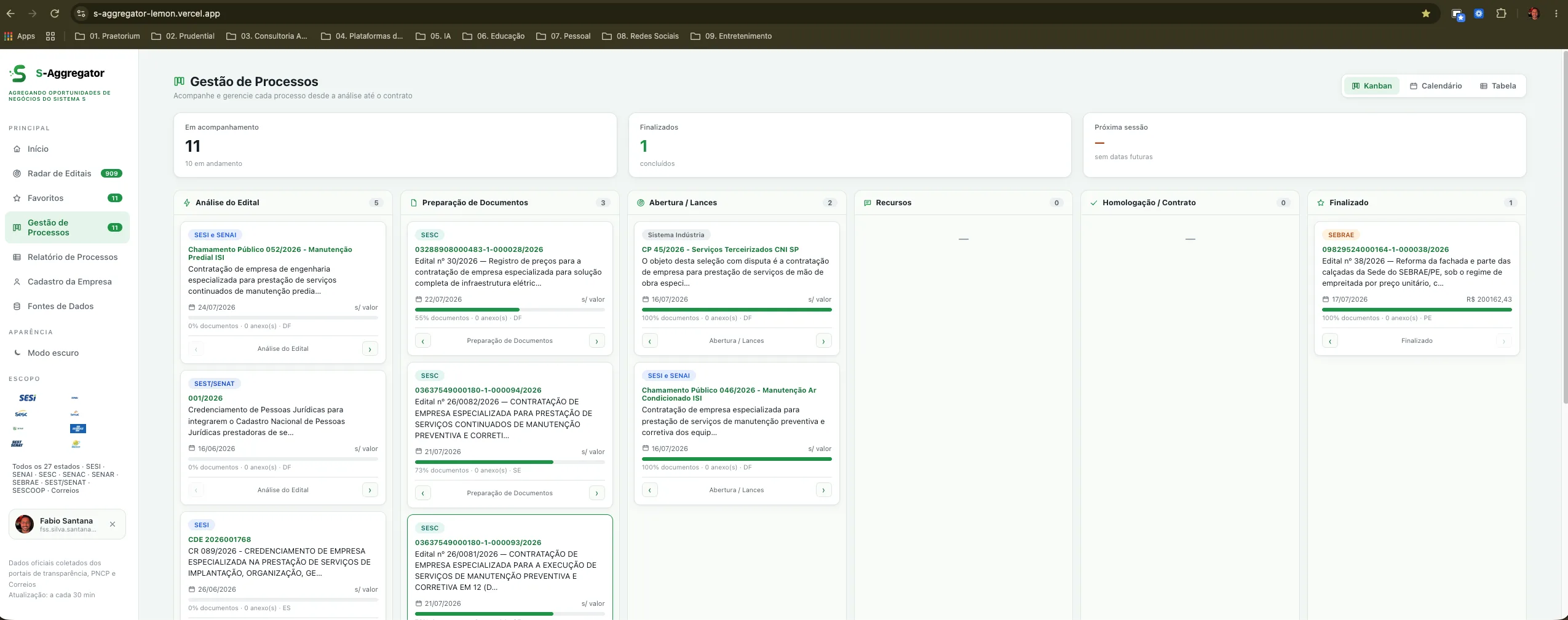 Kanban de gestão de processos licitatórios na plataforma Aproa